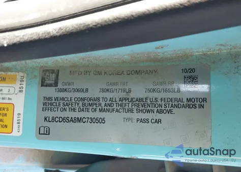 2021 Chevrolet Spark Fwd 1Lt Automatic z USA, uszkodzony, nr VIN KL8CD6SA8MC730505